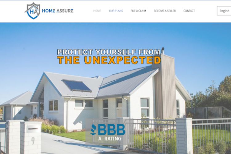 HomeAssure Administration homepage displaying its BBB A rating for home warranty protection plans